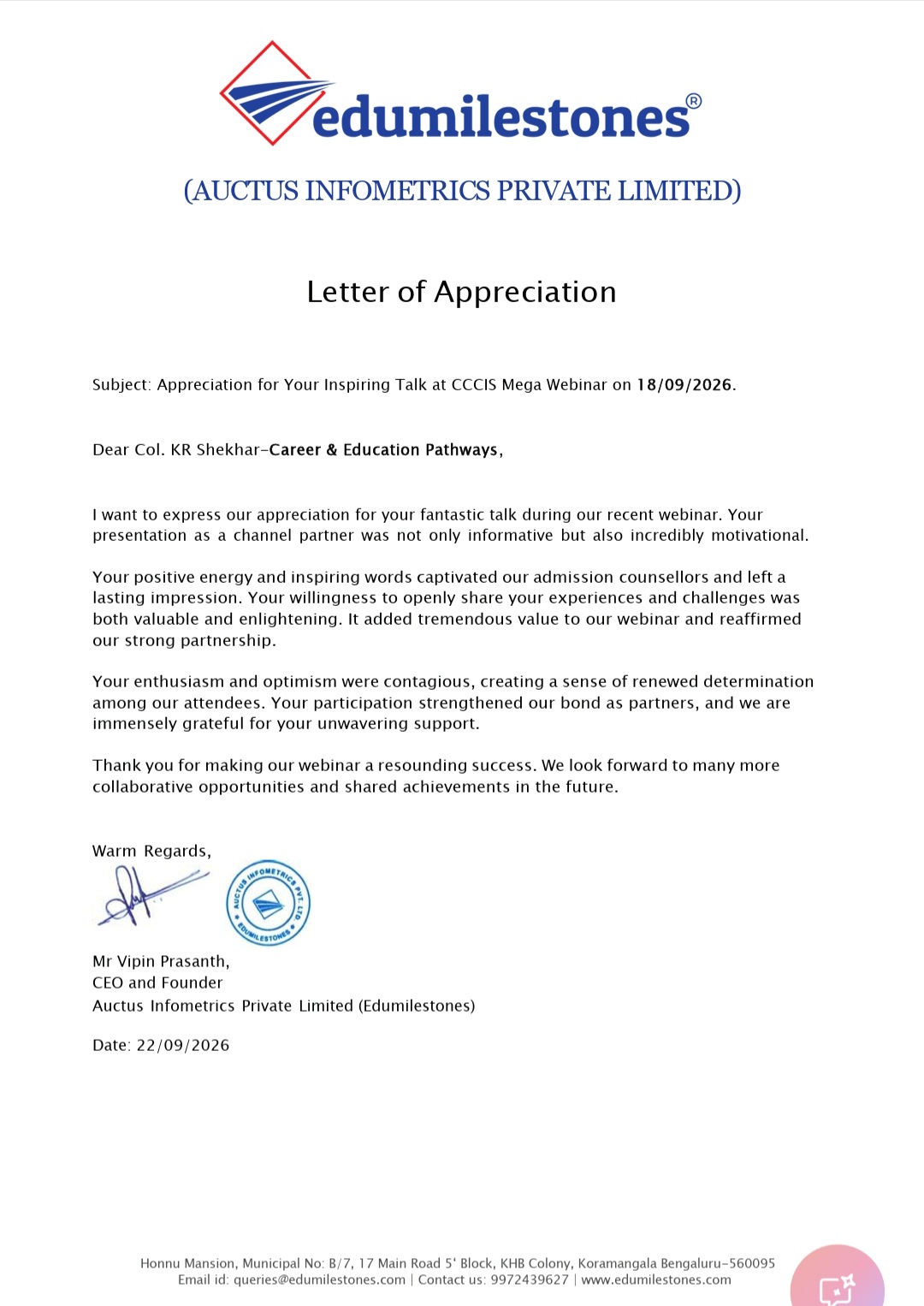 Letter of Appreciation
